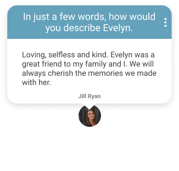 Memorial card with teal header and a short tribute to Evelyn, with a small portrait below