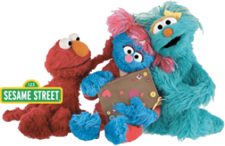Sesame Street characters Elmo, Abby, and Grover posing together on a white background