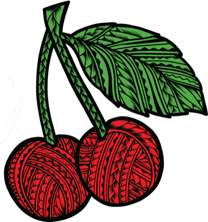 A pair of cherries with a green leaf, all featuring intricate, tribal-style black line patterns in red and green colors.