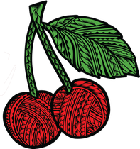 Stylized cherries with bright red fruits and a green leaf, all featuring intricate, decorative tribal-style line patterns.