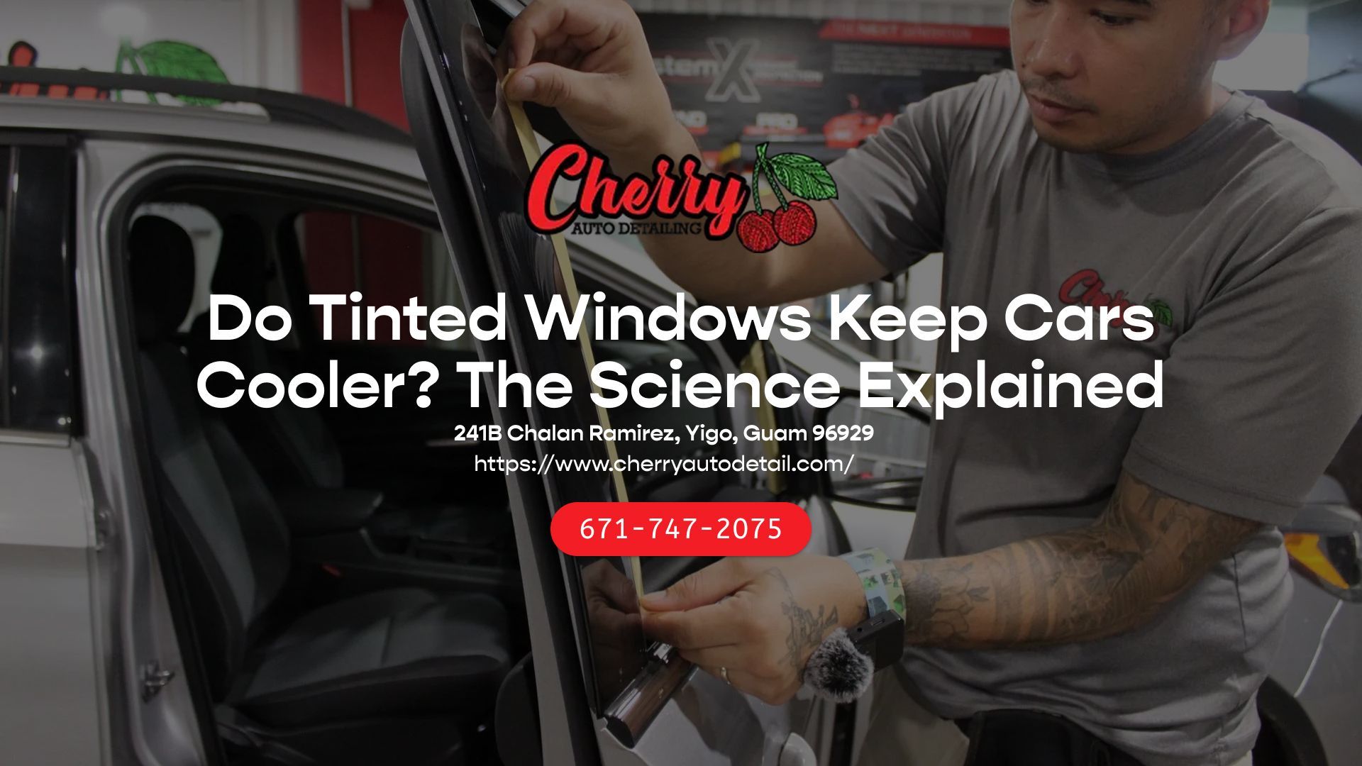 A technician applies window tint to a car door, overlaid with the company logo and text about cooling benefits.