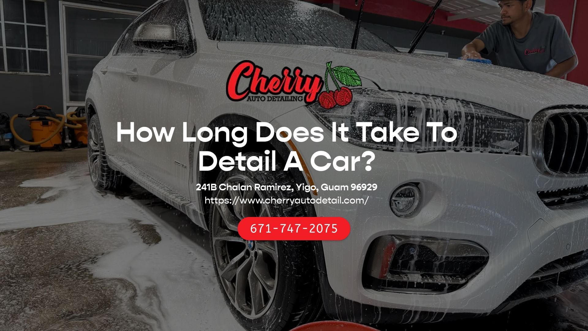 A white car covered in soap suds at a car wash, overlaid with text asking about detailing time and contact information.