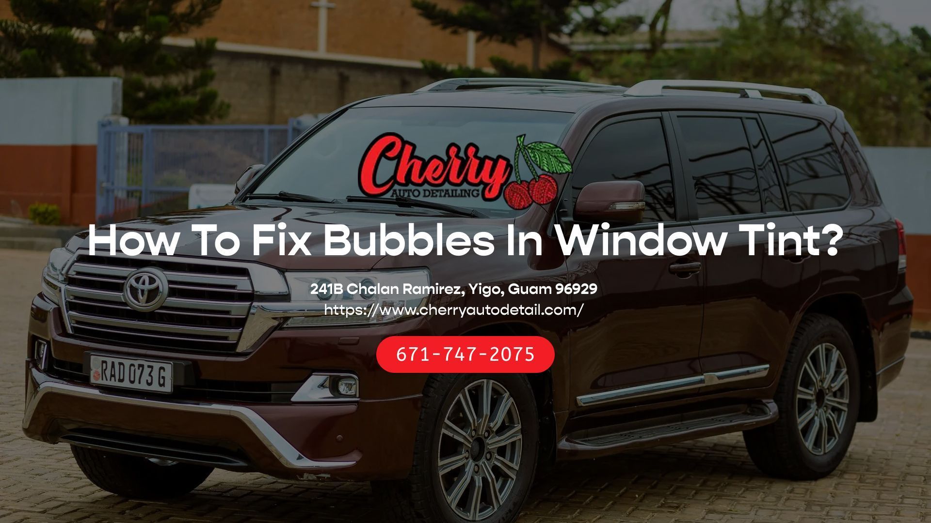 A dark SUV in a parking lot with text overlaying the image, asking how to fix bubbles in window tint.