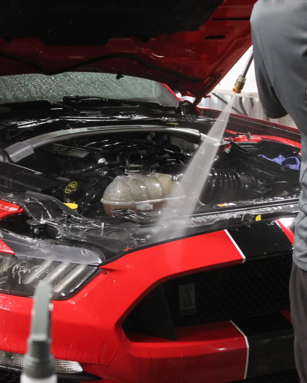 A person uses a pressure washer to clean the engine bay of a red Ford Mustang with black racing stripes.