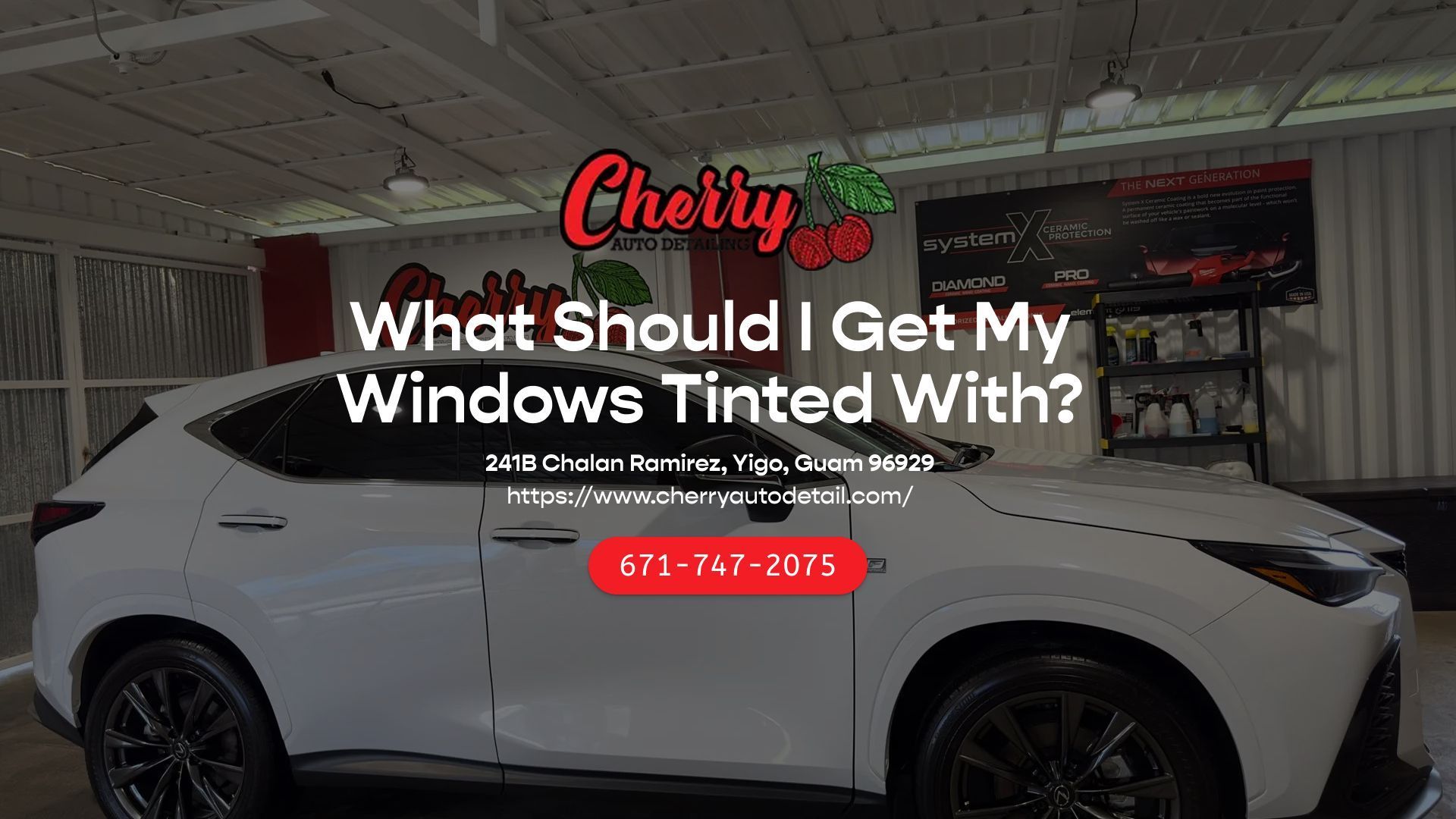 A white luxury car inside a shop, with a logo and text about window tinting, a phone number, and a website address.