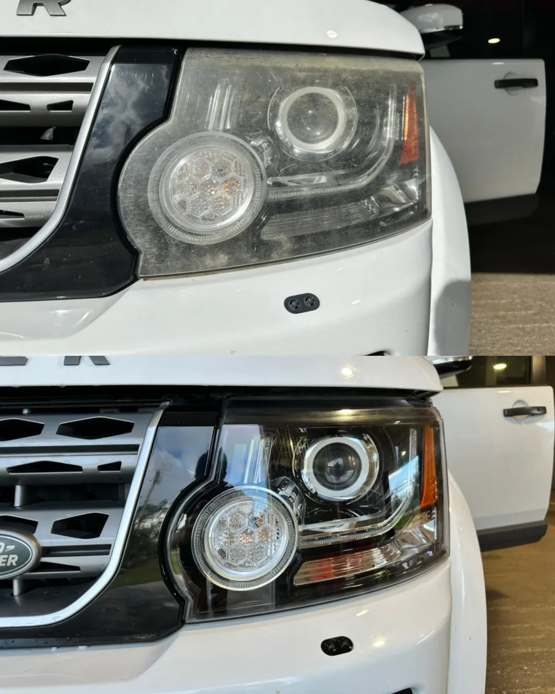 A before-and-after comparison of a white car headlight showing a cloudy, oxidized lens restored to a clear finish.