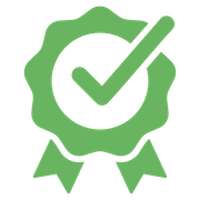 A green ribbon with a check mark inside of it.