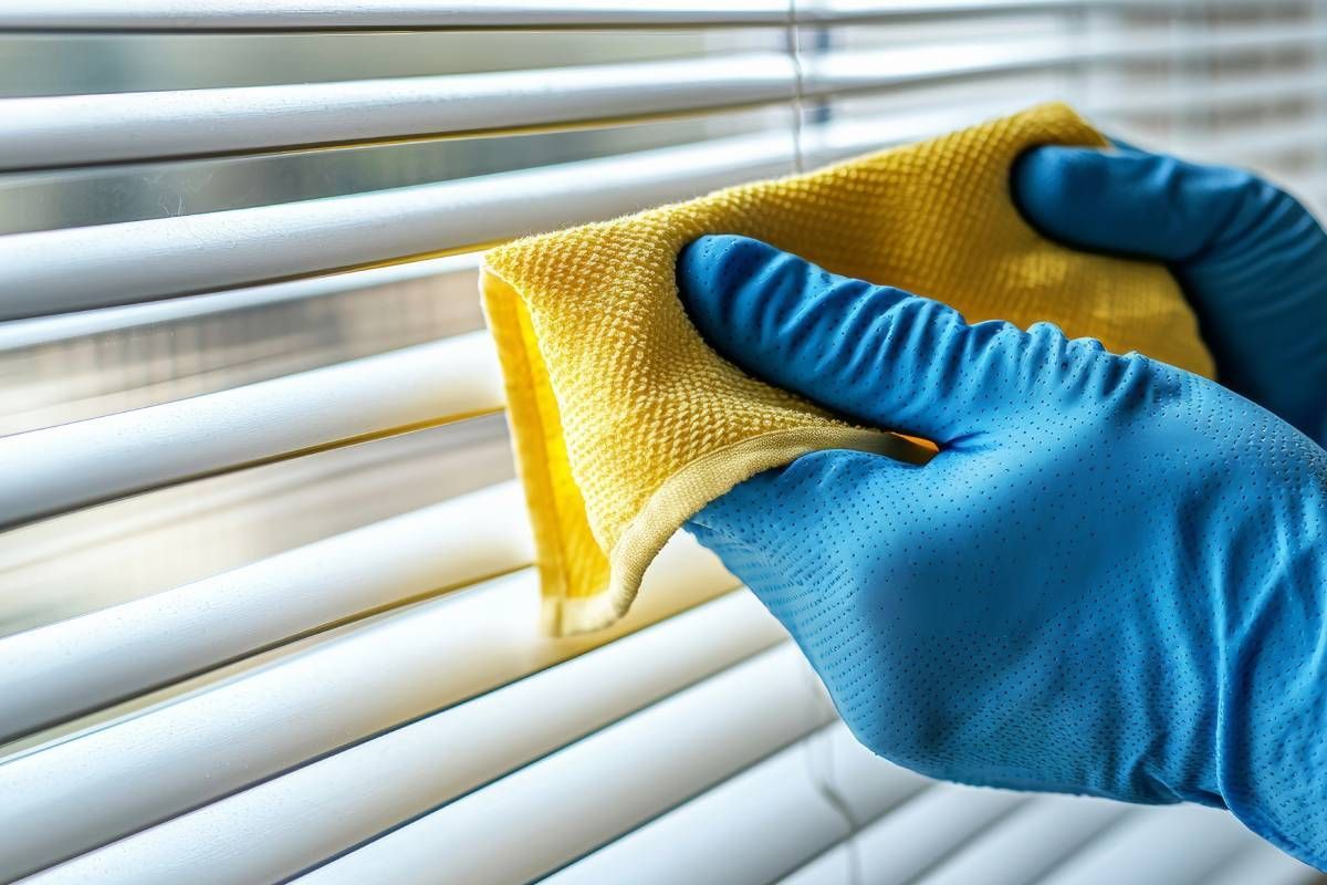 Someone cleaning their blinds with a cloth at Awnings, Blinds, & Shutters near Turnersville, NJ