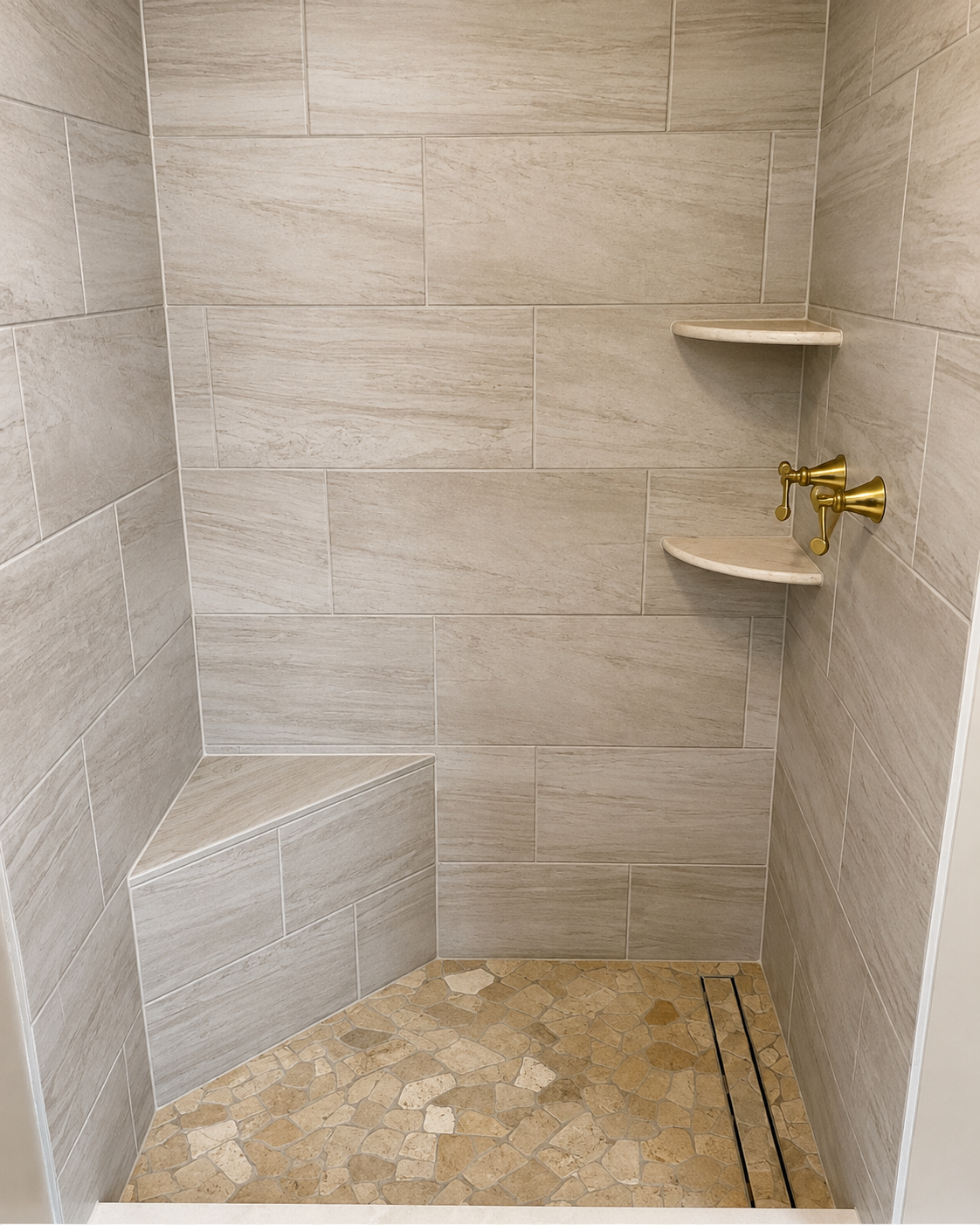 Walk-in shower with beige tile walls, stone floor, and gold shower fixtures with corner shelves