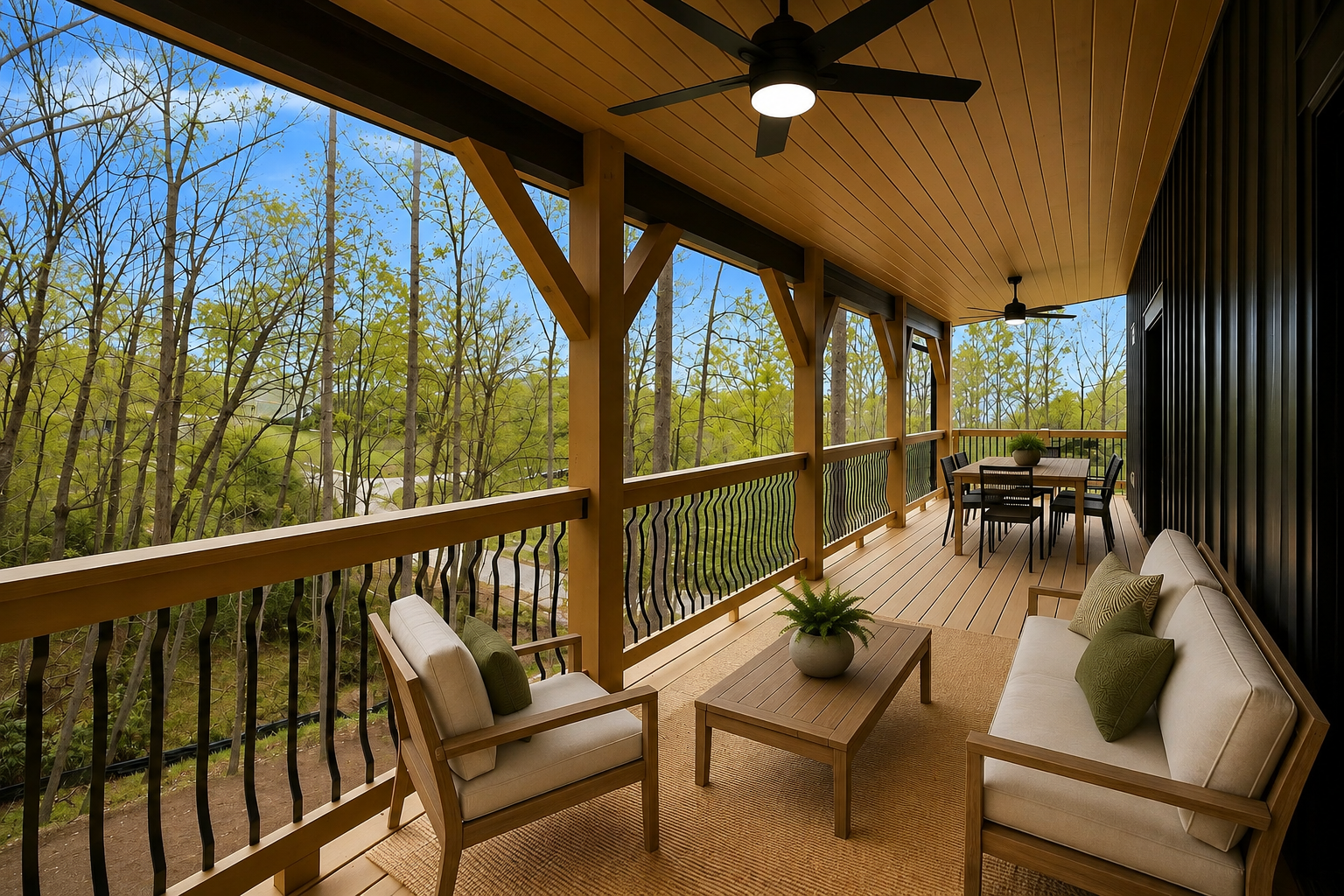 Covered wooden porch with wicker seating, ceiling fan, and forest view through railings.