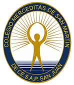 Emblema escolar redondo de color azul y dorado del Colegio Merceditas de San Martín, San Juan, con una figura resplandeciente y un sol radiante.