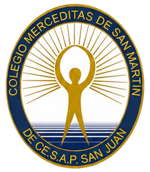 Emblema escolar redondo de color azul y dorado del Colegio Merceditas de San Martín, San Juan, con una figura resplandeciente y un sol radiante.