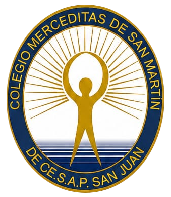 Logo of Colegio Merceditas de San Martín de C.E.S.A.P. San Juan, with gold figure and blue circular border