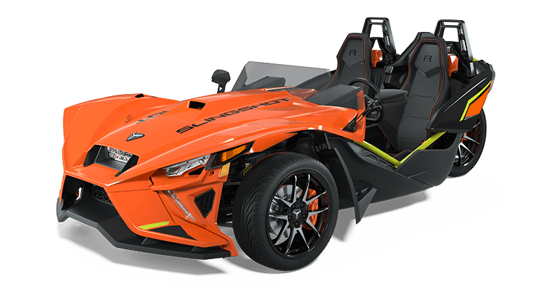 Orange Polaris Slingshot three-wheeled vehicle with black accents and two seats.