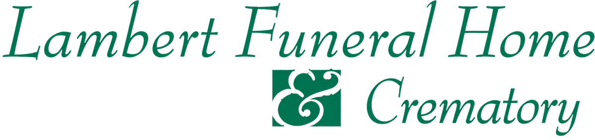 Lambert Funeral Home & Crematory logo in green text with a decorative floral emblem