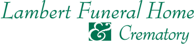 Lambert Funeral Home & Crematory logo in green text with a decorative floral emblem