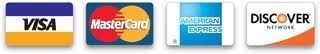 Visa, MasterCard, American Express, and Discover credit card logos on a white background