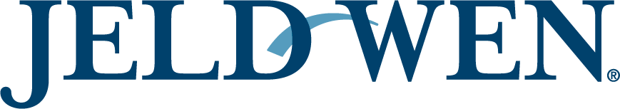JELD-WEN logo in dark blue with a curved blue line above the 