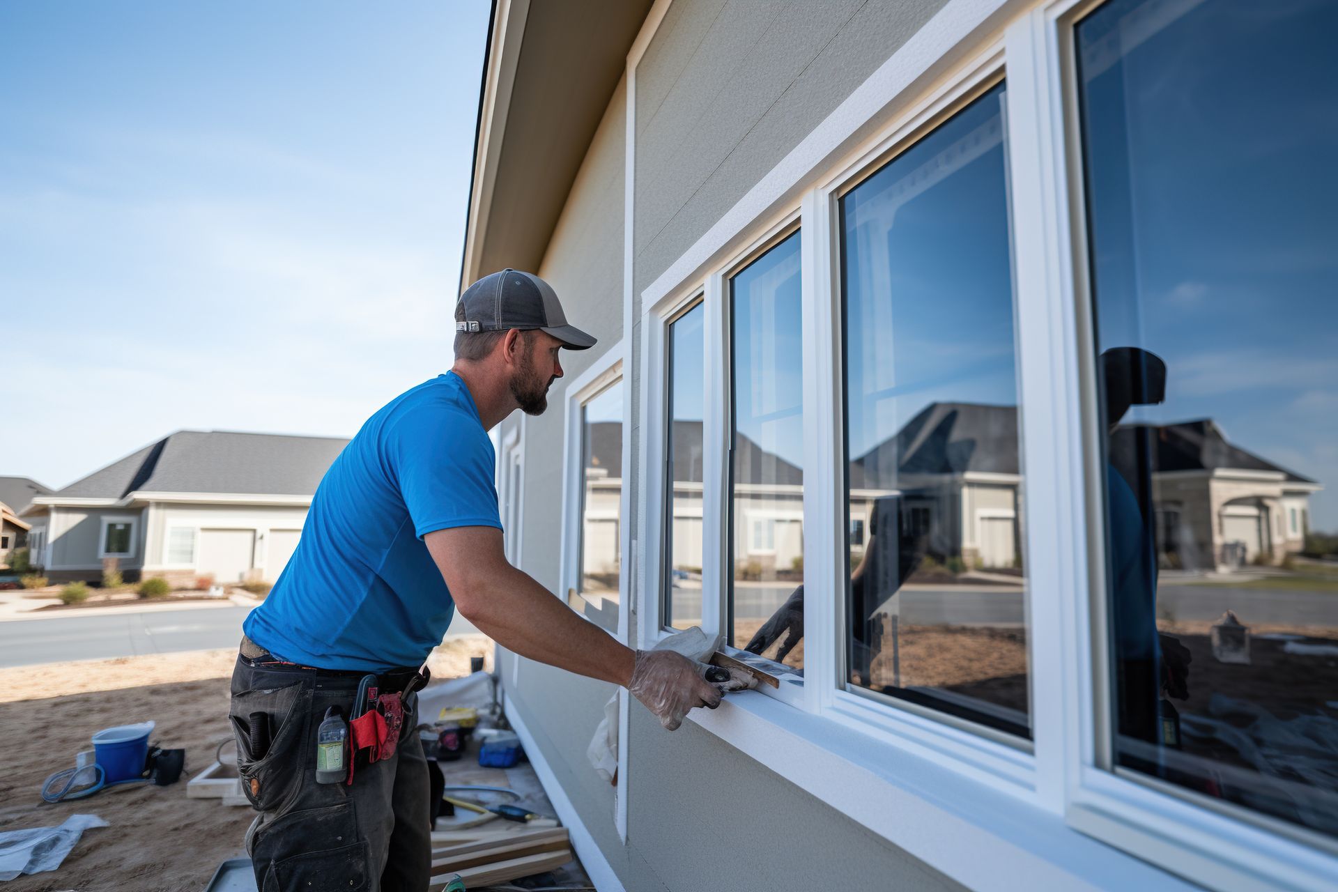 A professional installer finishing a new unit for high-quality residential window replacement.