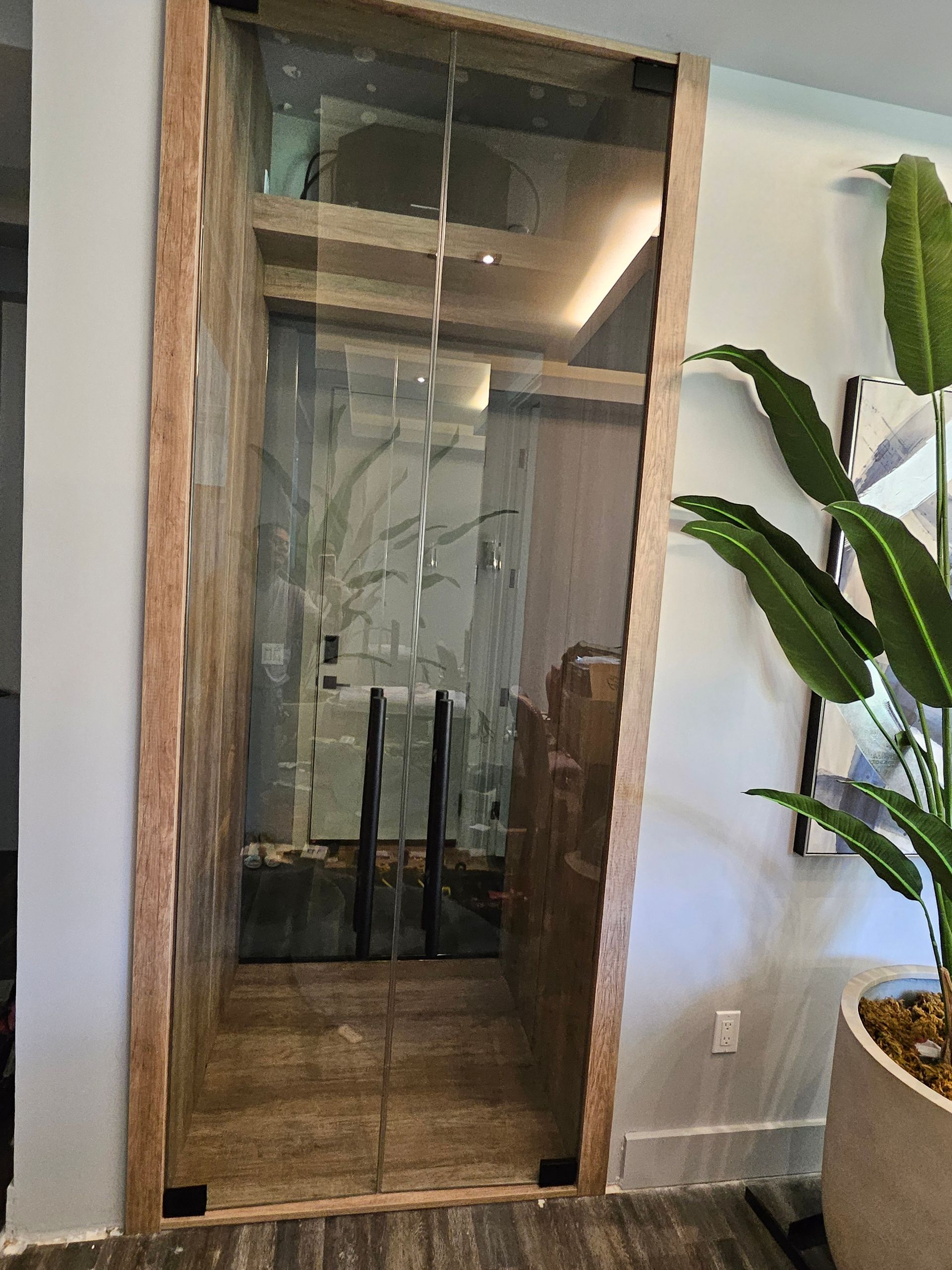 Glass door entrance with wooden frame, leading into an interior room with plants and shelves.