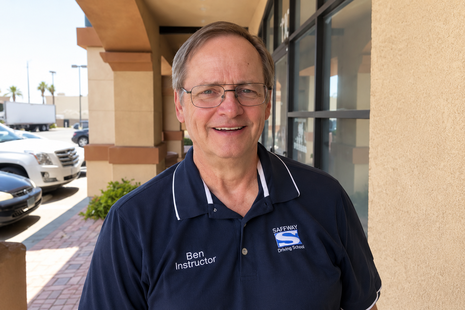 Smiling man in a navy polo stands outside a building near parked cars.