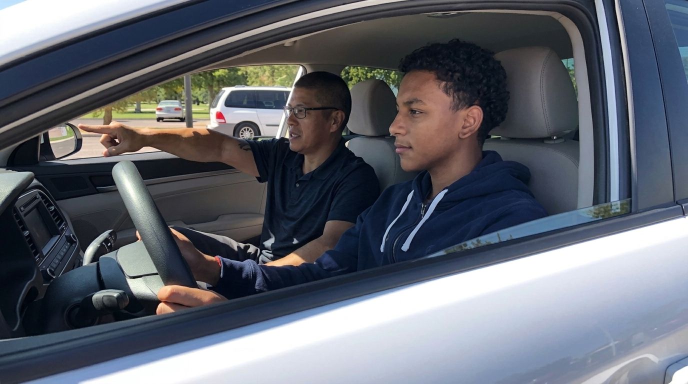 Two people smiling in a car, one driving and one seated beside him, with a parking lot visible outside.