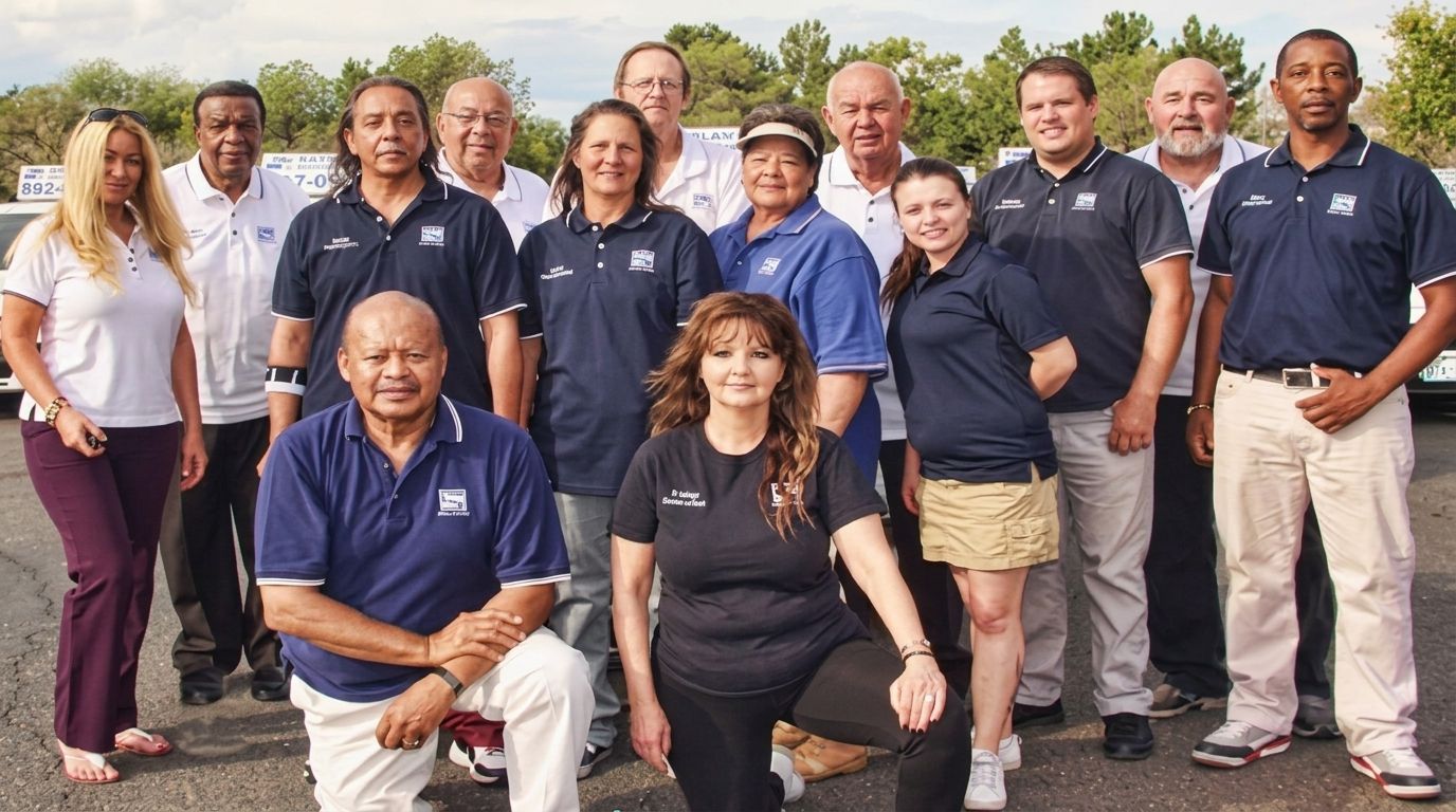 Group of people in navy shirts posing outdoors in front of palm trees and parked cars