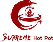 Red logo of a steaming bowl with the text “Supreme Hot Pot” underneath.