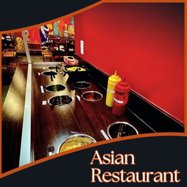 Asian restaurant buffet counter with round condiment wells, yellow and red squeeze bottles, and red walls