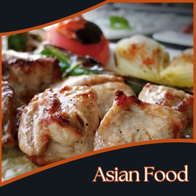 Grilled Asian food with browned meat and vegetables on a plate, labeled “Asian Food”