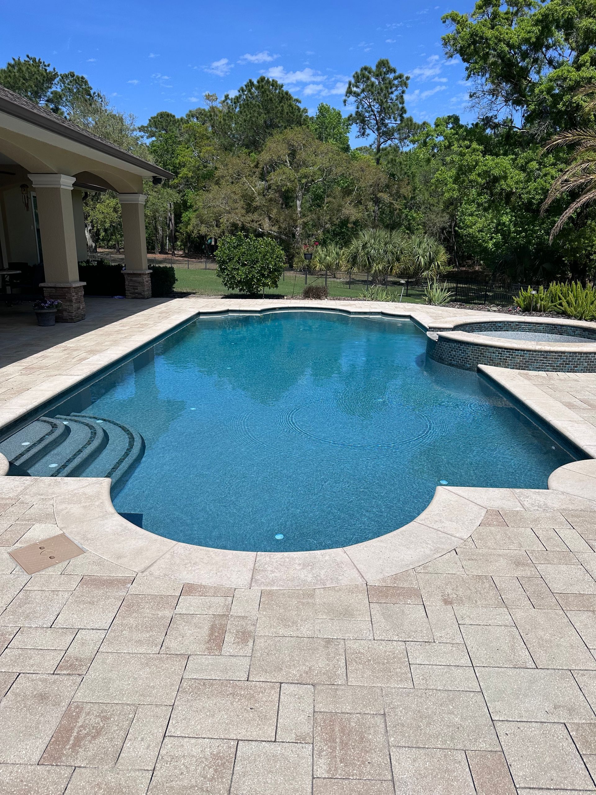 Swimming pool with blue water and stone patio, surrounded by trees under a blue sky.