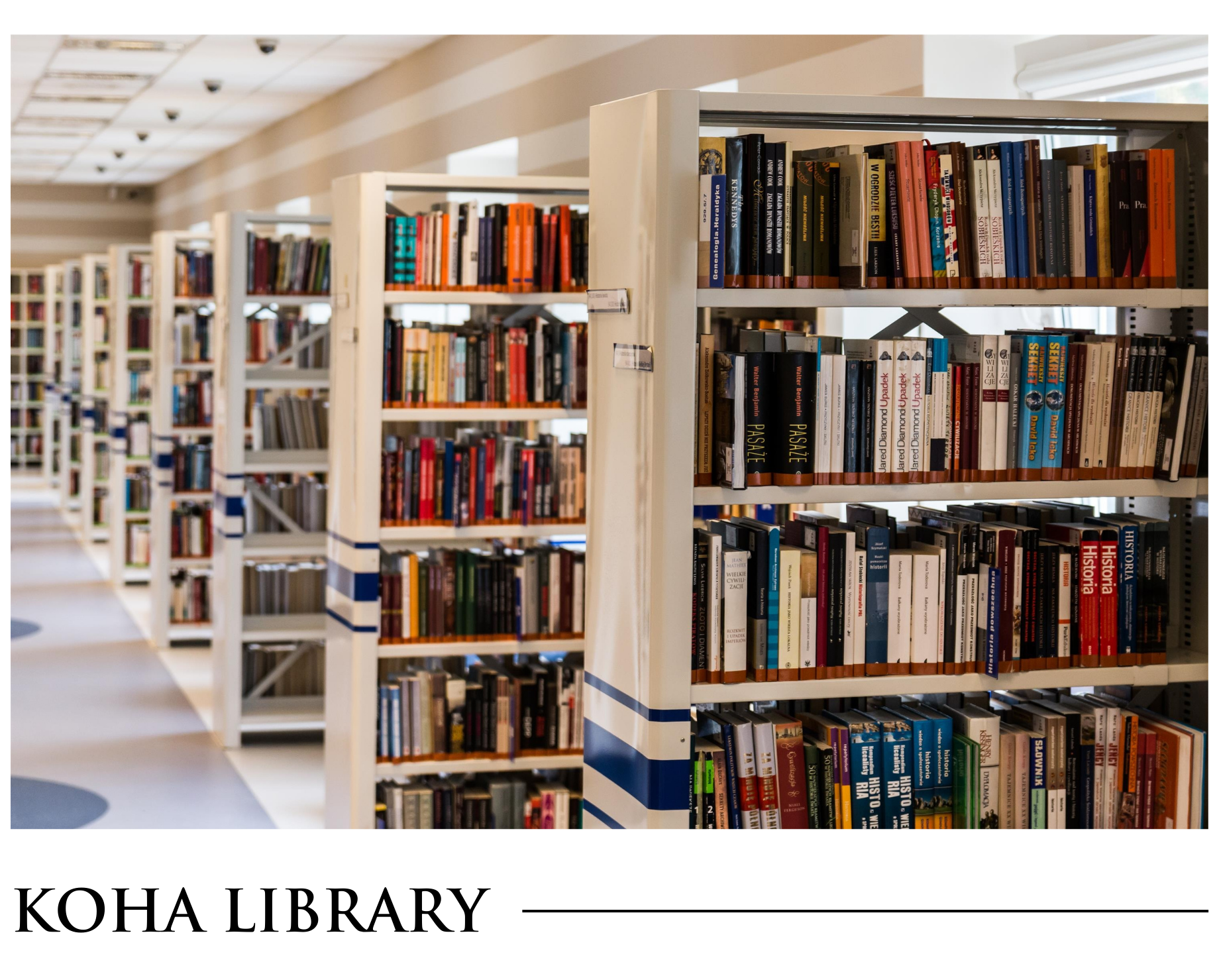 A row of bookshelves in a library with the caption koha library