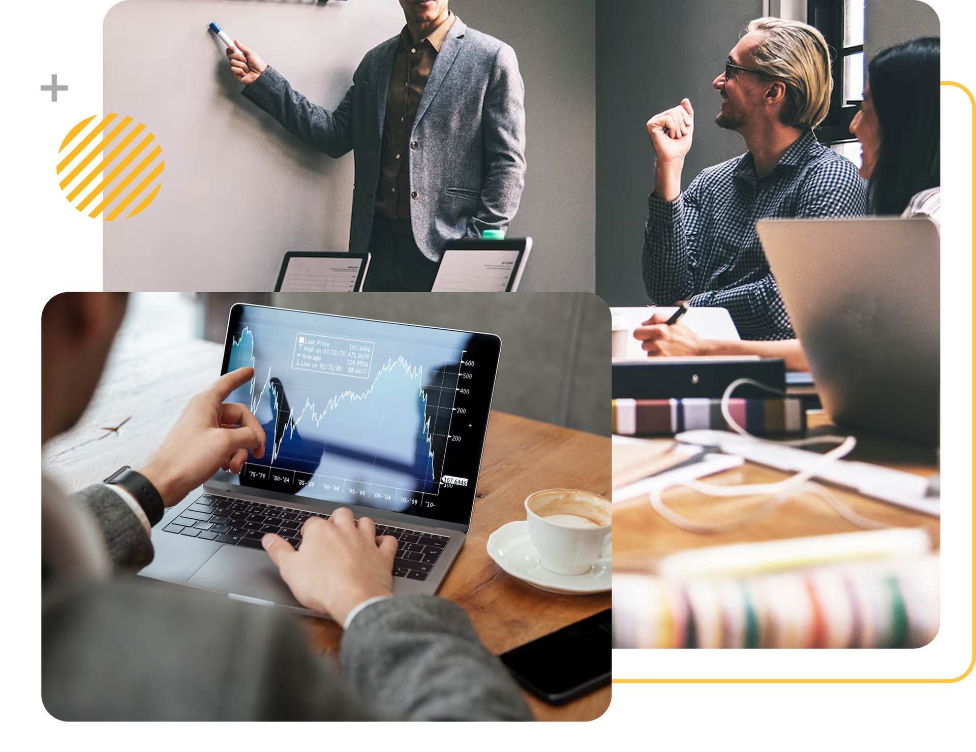 Business people in various settings, working on laptops, presenting, and collaborating.