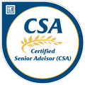 Blue and white CSA Certified Senior Advisor badge with gold laurel wreath