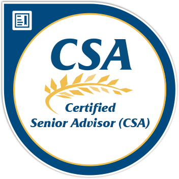 Blue and white CSA Certified Senior Advisor badge with gold laurel wreath