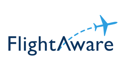 The FlightAware logo: dark blue text with a light blue airplane icon ascending with a dashed flight path.