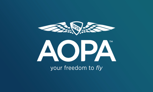 AOPA logo with winged emblem on blue background and tagline “your freedom to fly”