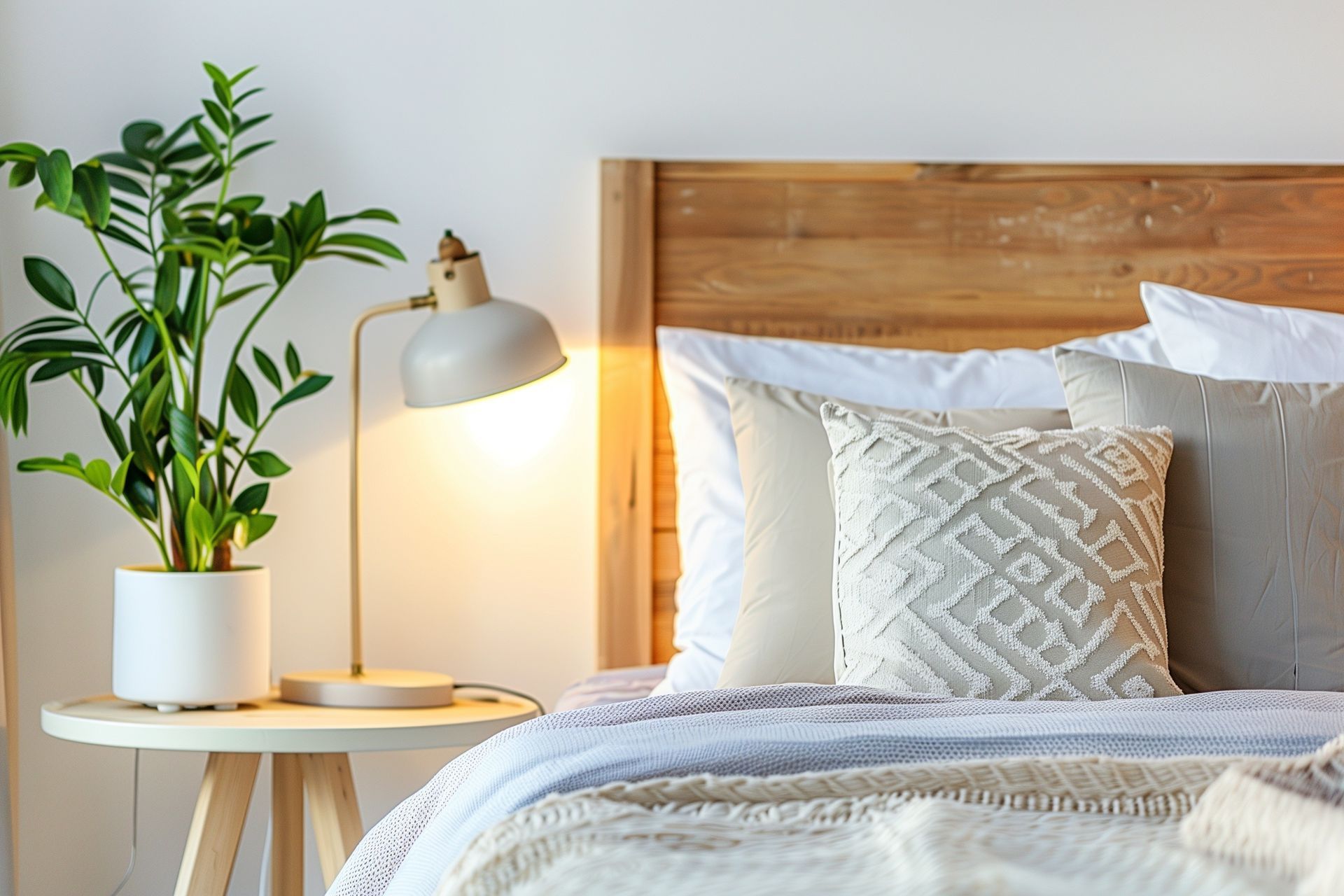 Bedroom with wooden headboard, pillows, lamp, plant on a side table. Warm lighting.