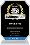 Black and gold BusinessRate award plaque for Met Spires, Top 3 2026 apartment complex in New Tacoma, Tacoma, VA