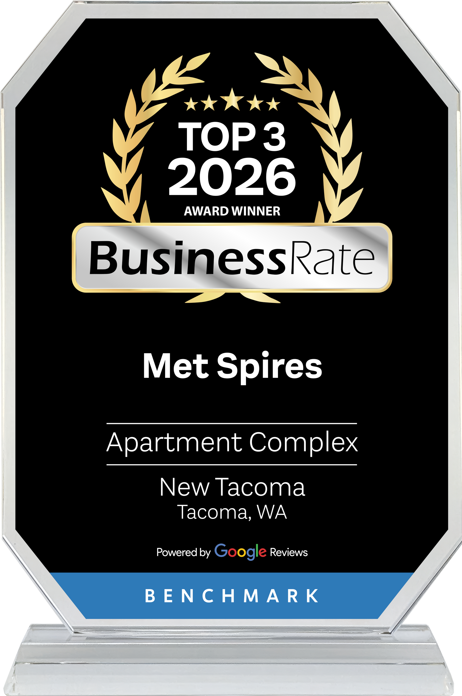 Black and gold BusinessRate award plaque for Met Spires, Top 3 2026 apartment complex in New Tacoma, Tacoma, VA