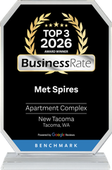 Black and gold BusinessRate award plaque for Met Spires, Top 3 2026 apartment complex in New Tacoma, Tacoma, VA