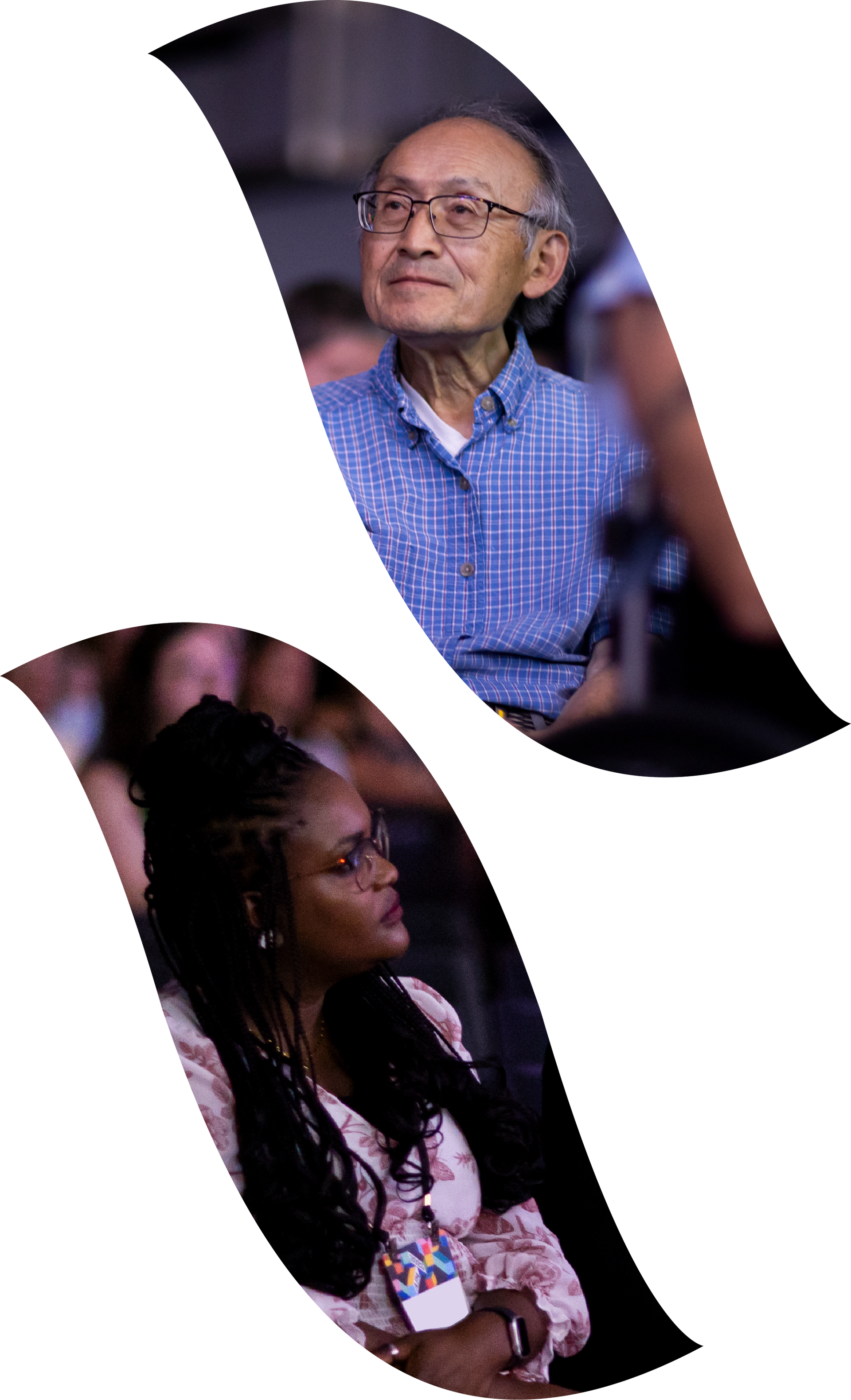 Two women seated in the audience, wearing patterned tops, viewed through curved photo cutouts