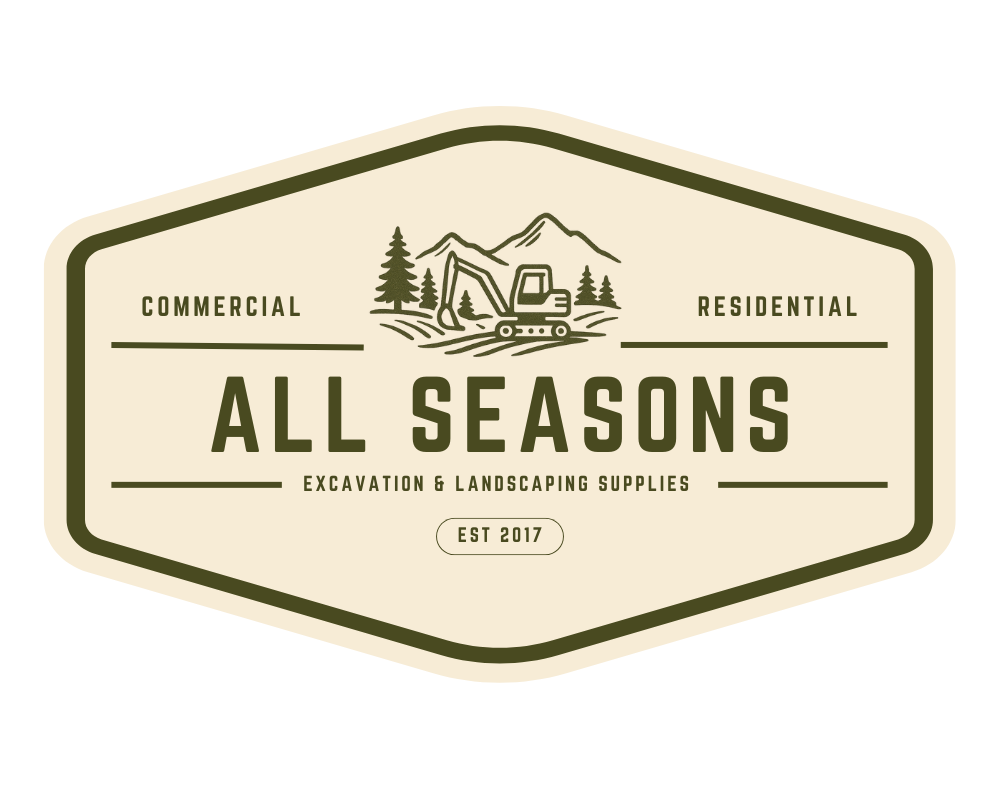 Logo for All Seasons excavation and landscaping supplies, featuring a digger, mountains, and text.