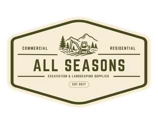 Logo for All Seasons excavation and landscaping supplies, featuring a digger, mountains, and text.