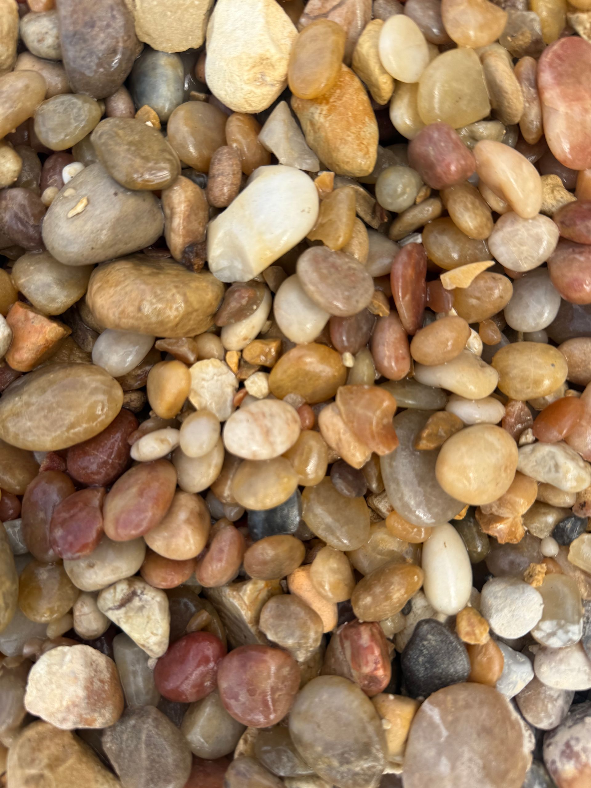 Close-up of a pile of mixed-color, smooth river rocks.