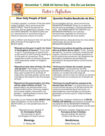 Church bulletin for November 1, 2020, with two-column text and a small saint image at top left.