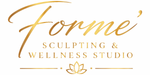 Gold logo reading “Forme Sculpting & Wellness Studio” with stylized decorative script and floral accents