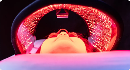 Person lying under facial redlight therapy machine 