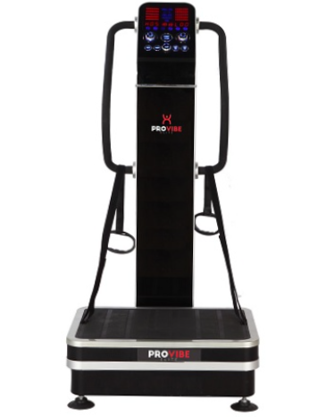 Black and silver vibration platform machine with handlebars and control panel on a white background