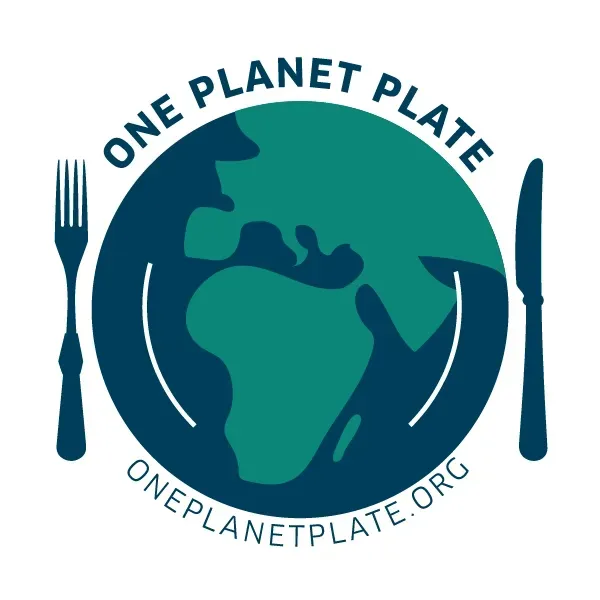A logo featuring a dark green Earth icon flanked by a fork and knife, with